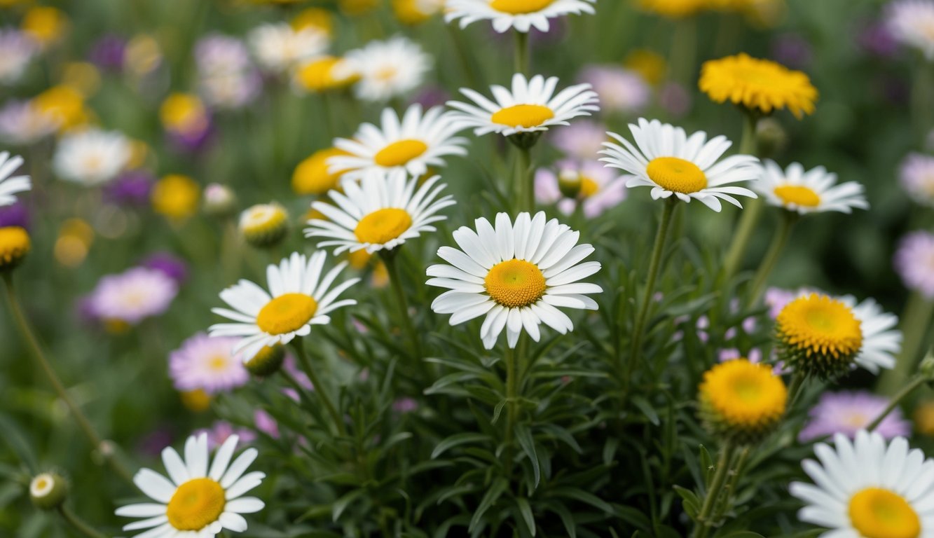 A healthy Shasta daisy plant surrounded by other flowers, with no signs of pests or diseases